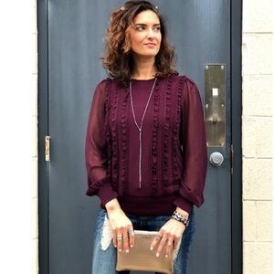 WHBM Ruffled & Knit Sweater Blouse Burgundy color